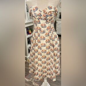 Anthropologie Dress Bicycle Print Strapless Fit and Flare Cotton Cream
